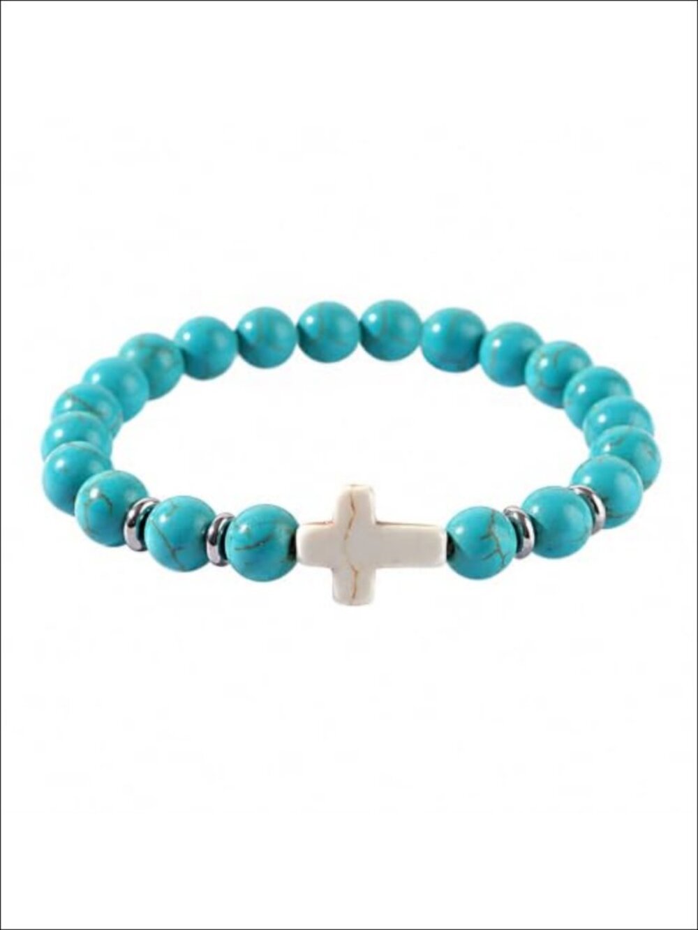 Natural Turquoise Beaded Stretch Bracelet Cross Charm Minimalist